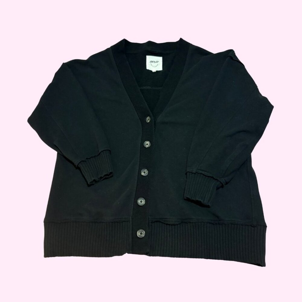 NWOT Aerie Fleece Button Cardigan, Black, Size L